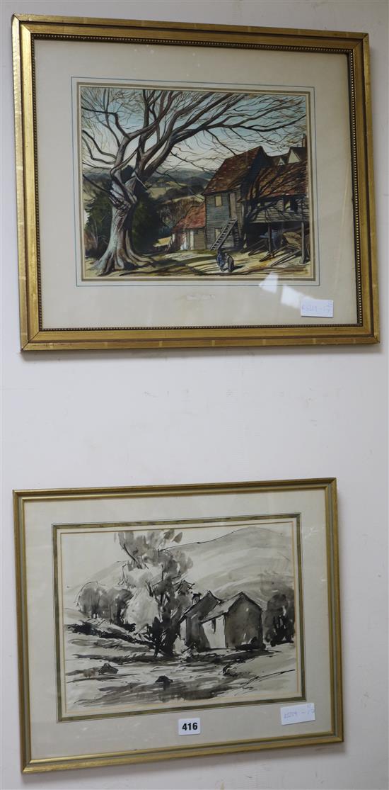 William Shone, ink and watercolour, two landscapes, largest 27 x 34cm